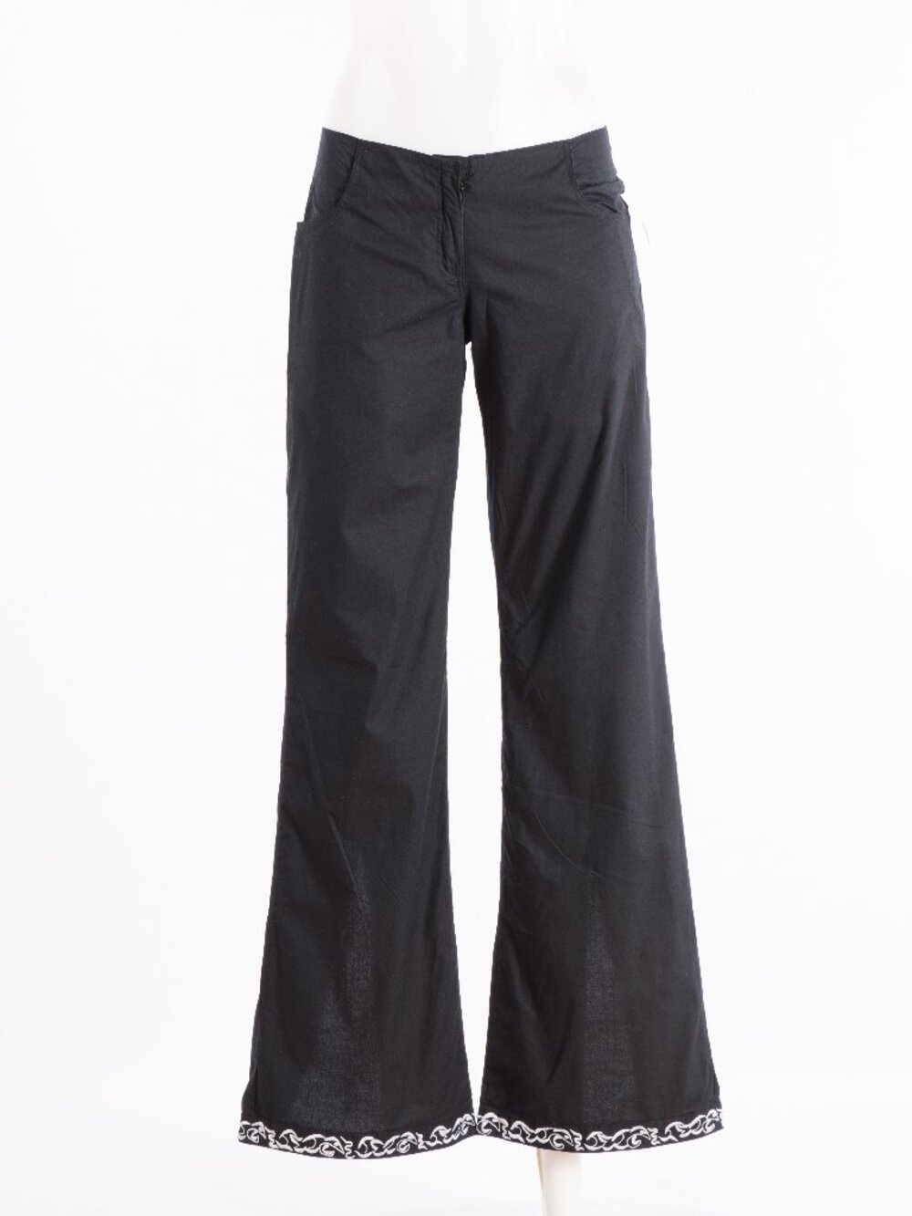 Vintage 90s Black Cotton Flare Pants Embroidered Split Hem Wide Leg Boho Minimal